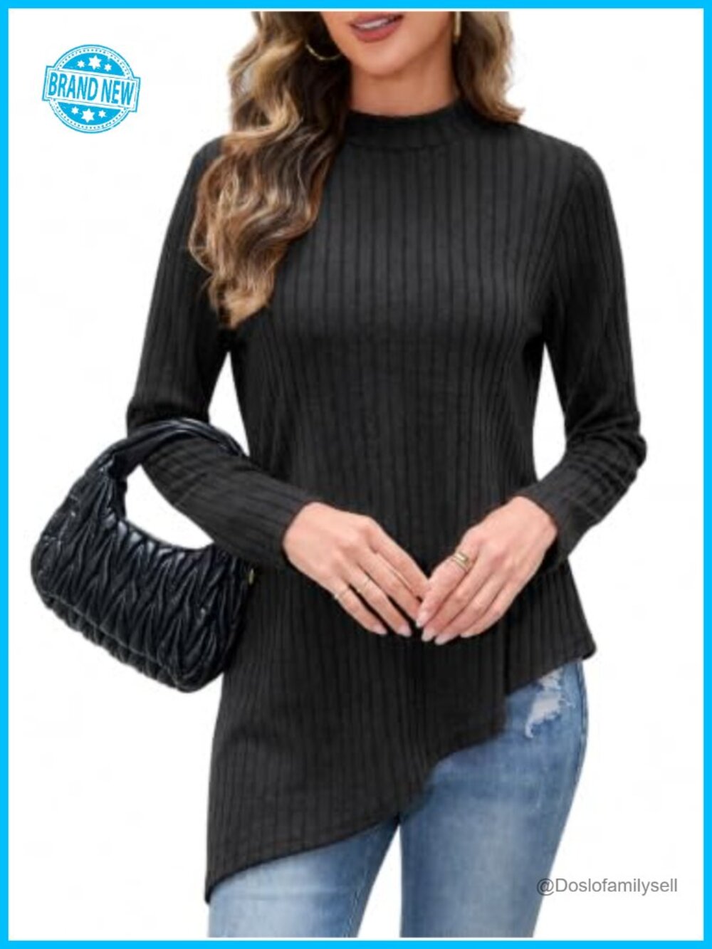 Mock Turtleneck Ribbed Long Sleeve Tunic Top Asymmetric Hem Women's Fall